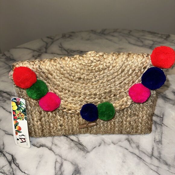 NWT America & Beyond Pom Pom Straw Clutch Handmade Upcycled Jute Straw Handbag - Picture 3 of 8